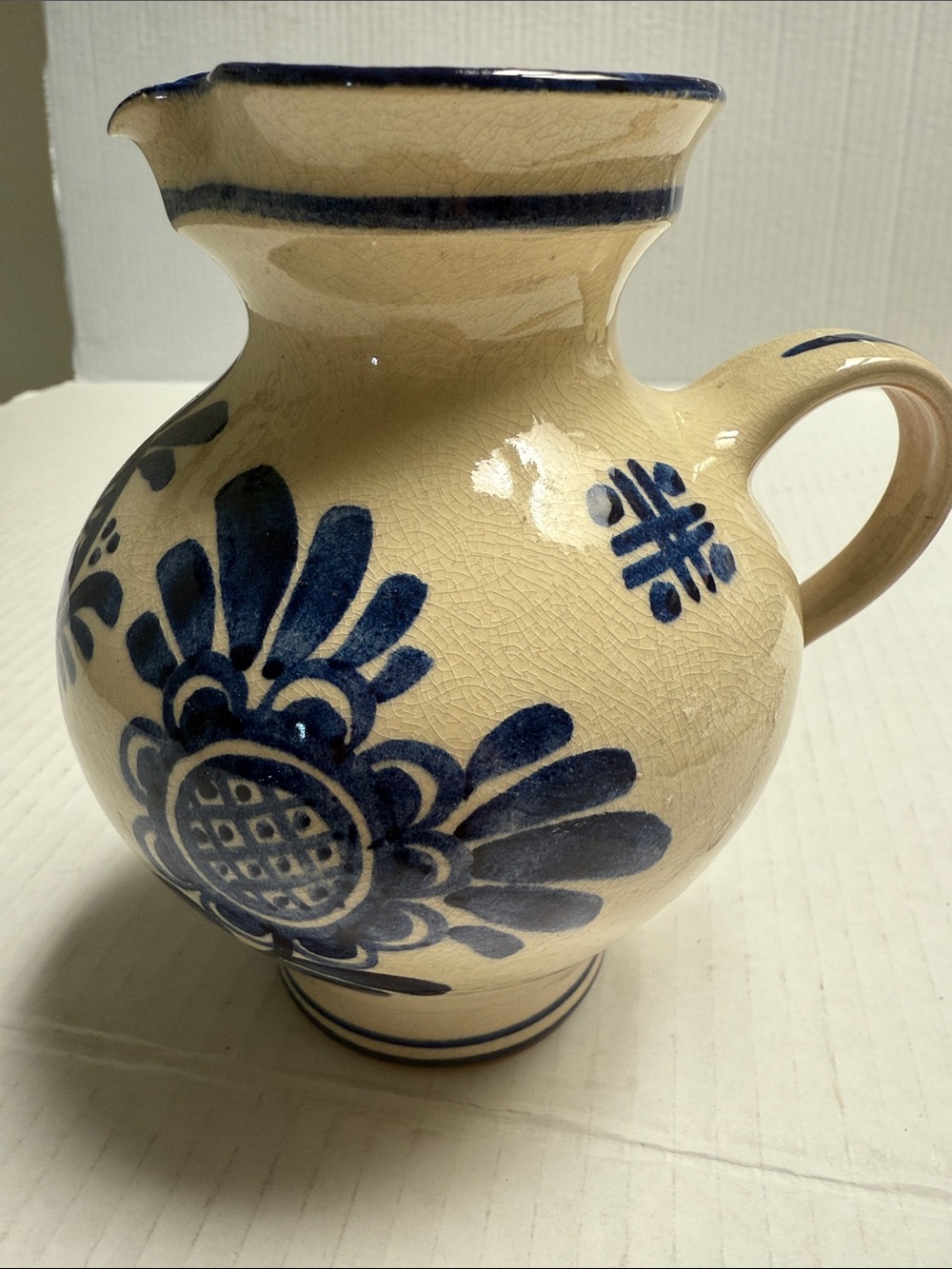 Hand-Painted Blue and Cream Ceramic Pitcher - Decorative Home Art